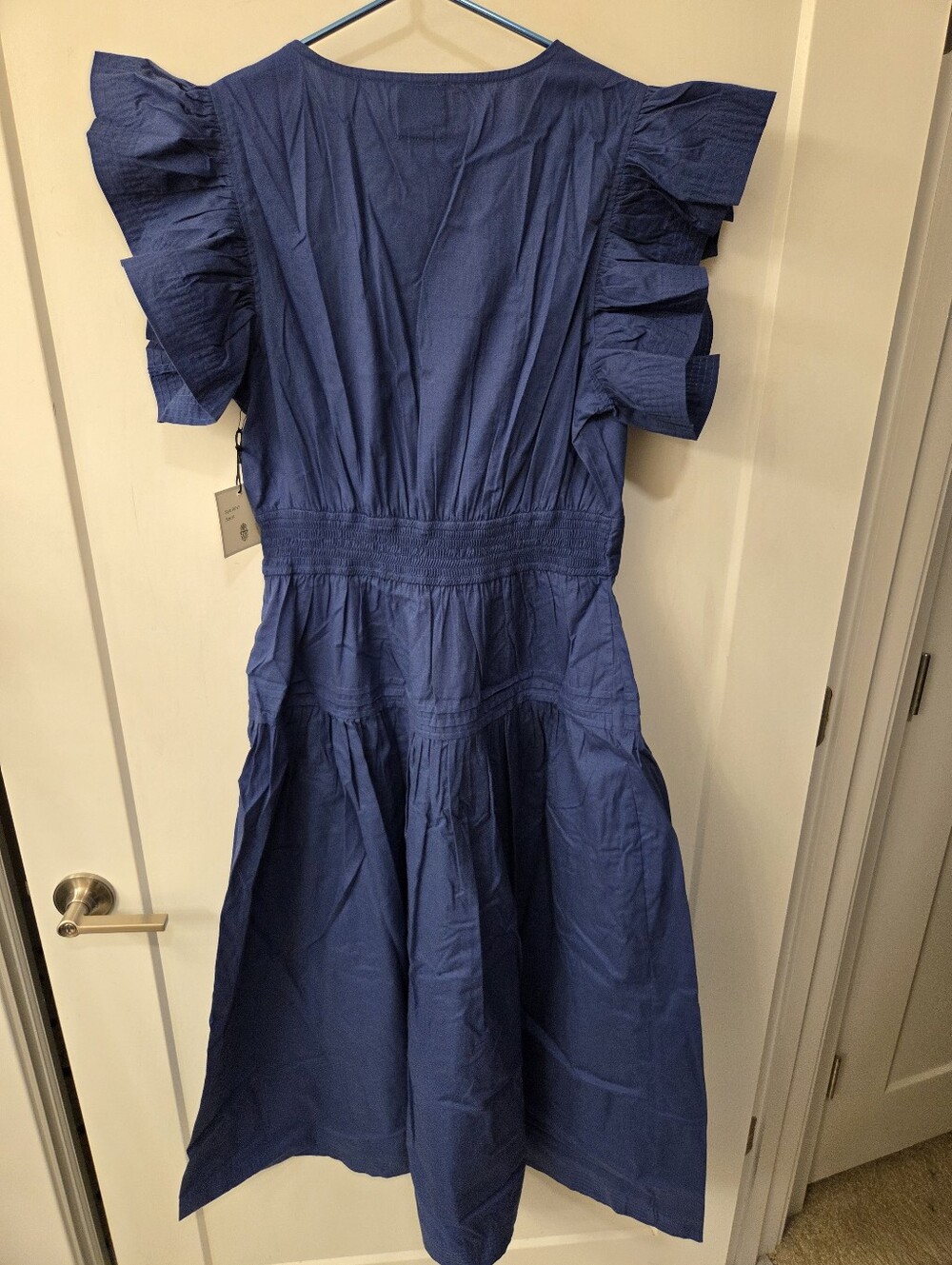 NWT - LEA Cotton Poplin Flutter Sleeve Split Neck Smocked Back Midi Dress-Size M - Picture 8 of 14